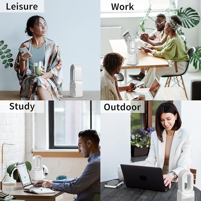 Misby Rechargeable Desk Fan, 5-color LED Light Bladeless Table Fan of 11.8 Inch, White Desk Fans Small Quiet for Bedroom, Home, Office