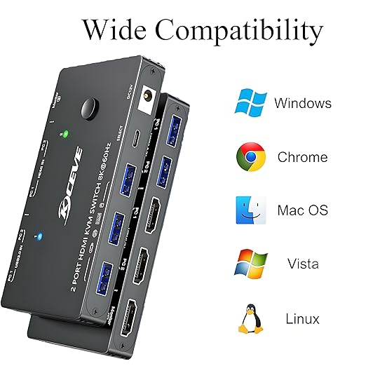 8K KVM Switch 1 Monitor 2 Computers 8K@60Hz 4K@120Hz, HDMI KVM Switch with 3 USB 3.0 Ports for 2 Computers Share 1 Monitor Keyboard Mouse Printer, with 2 USB Cables and Controller