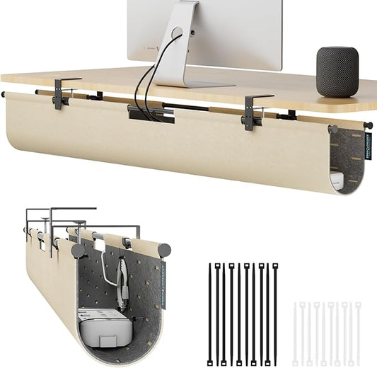 2-in-1 Under Desk Cable Management Tray & Privacy Panel, Dual-Sided Thick Felt Cord Organizer with 20 Cable Ties,Heavy Duty Steel Frame Support, No-Drill Clamp Mount,Large Capacity (Khaki/Gray, 45.2")