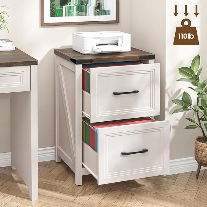Vabches 2 Drawer Vertical File Cabinet, Wood Farmhouse Filing Cabinet Fits A4/Letter Size, Under Desk Small File Cabinets Printer Stand with Storage for Home Office, White and Brown