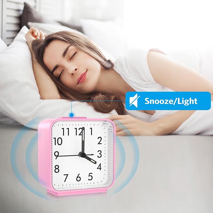 AMIR Analog Alarm Clock, Silent Non Ticking Small Clock, Travel Alarm Clock with Snooze & Light, Ascending Beep Sounds, Battery Operated Loud Alarm Clock