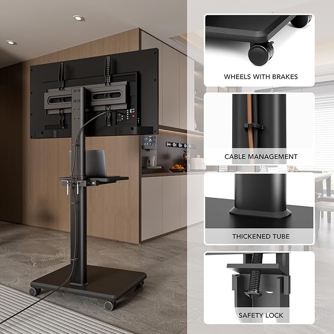 AX WABER Universal Floor TV Stand, Portable Rolling Floor TV Mount with Wheels, 80 Degree Swivel Height Adjustable for 27 to 65 Inch LCD LED OLED TVs, Holds up to 88 lbs Mobile TV Cart