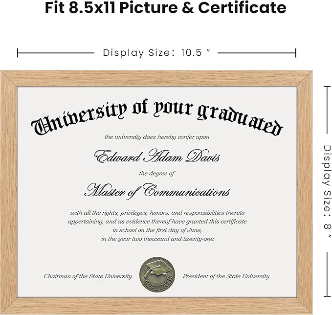 upsimples Certificate Frame with Clear Plexiglass, 8.5 by 11 Picture Diploma Document Degree Frames for Wall and Tabletop, Natural,1 Pack