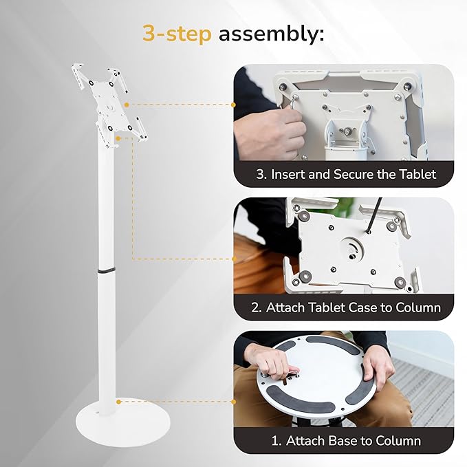 Mount-It! Anti-Theft Universal Tablet Floor Stand Kiosk, Locking Enclosure for iPad, Galaxy Tab & Surface Pro 9.7"–13.1", Height Adjustable 27.5"–47", Commercial Kiosk Stand, White