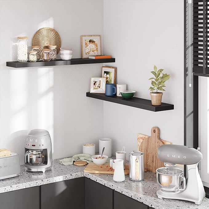 BAMEOS 47in Floating Shelves, Black Wall Mounted Wooden Shelves with Invisible Brackets Set of 2