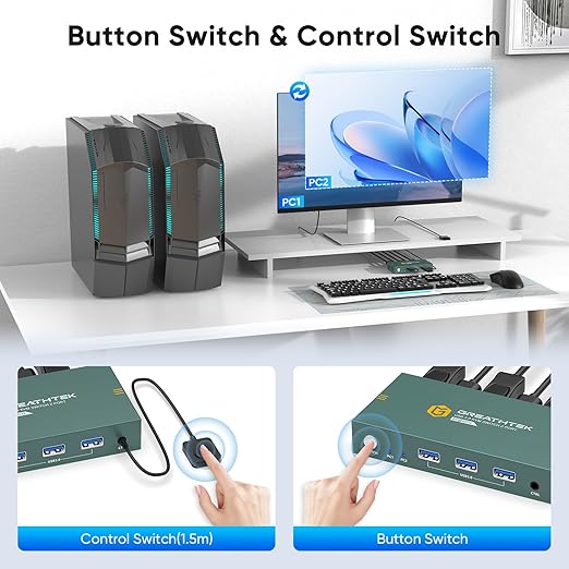KVM Switch 1 Monitors 2 Computers Displayport 8K@60Hz, USB3.0 KVM Switch Displayport with 3 USB 3.0 Ports EDID Adaptive Sharing Mouse Keyboard and Monitor Plug and Play