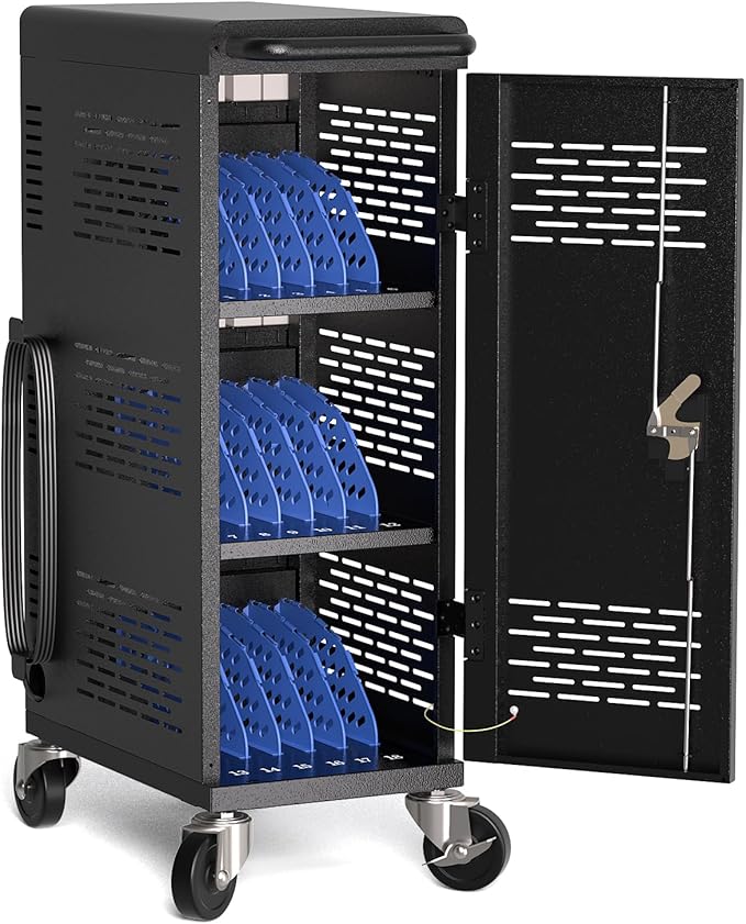 Fully Assembled 18-Device Charging Cart for Chromebook - Locking Laptop Cabinet with Cable Management, Cord Organization, Power Strip - Locks and Stores Tablets up to 14'' and 1.4'' Thick (Black)