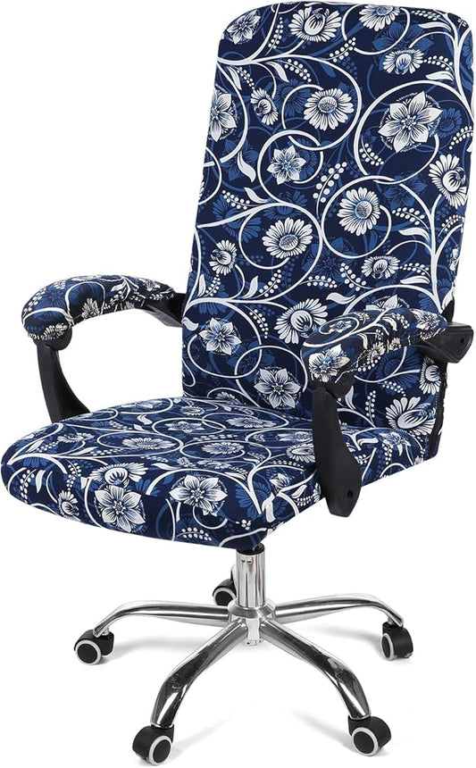 Smiry Stretch Printed Computer Office Chair Cover with Armrest Covers, Soft Fit Universal Removable Washable Desk Rotating Chair Slipcovers, Anti-Dust Spandex Protector with Zipper, Navy Blue