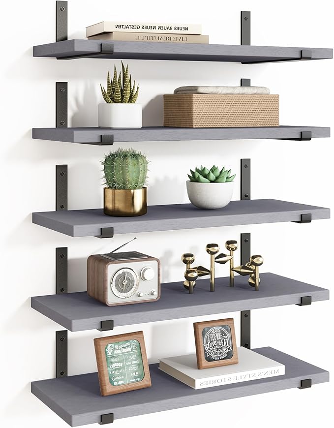 Fixwal Wall Shelves for Bedroom Set of 5, Width 4.7 Inches Floating Shelves, Rustic Wood Wall Storage Shelves for Bedroom, Living Room, Kitchen, Bathroom (Grey)