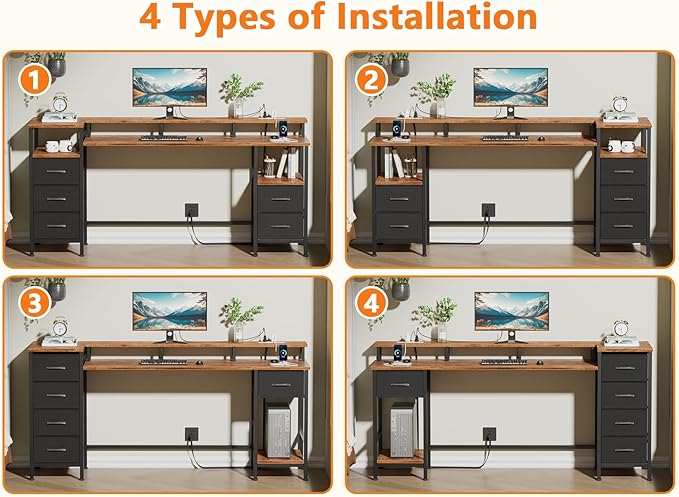 Korfile 61 Inch Gaming Desk with Power Outlets and LED Lights, Reversible Computer Desk with 5 Fabric Storage Drawers, Home Office Desk with Monitor Stand for Working Writing Study, Rustic Brown