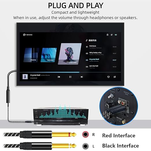 192KHz DAC Optical to Dual 6.35mm Converter,Optical Audio Cable to Dual 6.35mm 1/4" TS Mono Audio Adapter,Digital to Analog Audio Converter for HDTV,DVD,Set-top Boxes(O-ptical to 1/4" Only) Cable -6FT