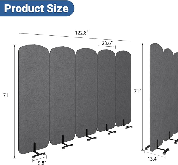 Natwind 5-Panel Office Room Divider, 122.8 x 71 inches Portable Office Partition, Freestanding Folding Privacy Wall for Cubicle & Temporary Indoor Space Separation (Dark Grey)