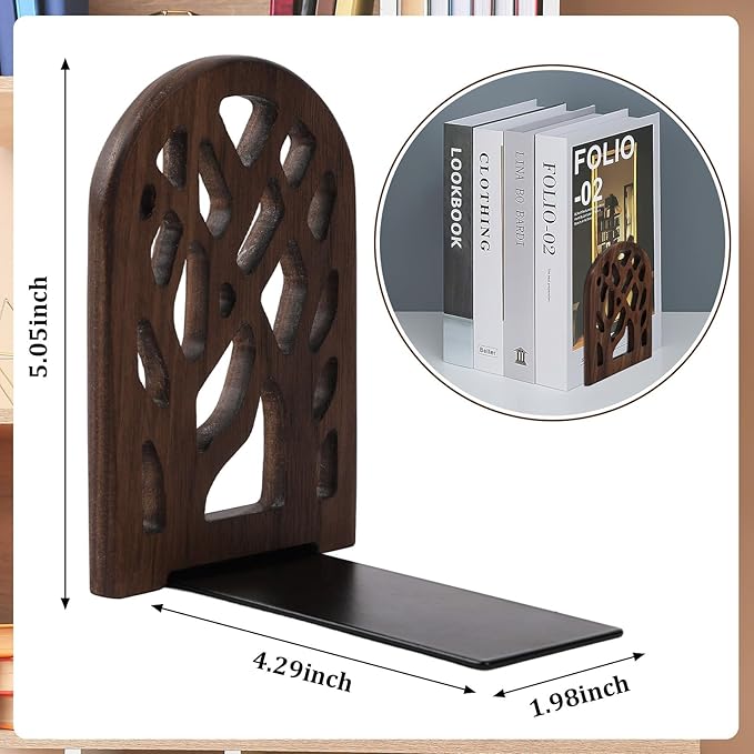 2 Pieces Wood Tree Book Ends for Shelves, Non-Skid Bookends Large Heavy Duty Bookend Book Holders for Heavy Books Decorative Book Accessories to Hold Books Firmly on Bookshelf