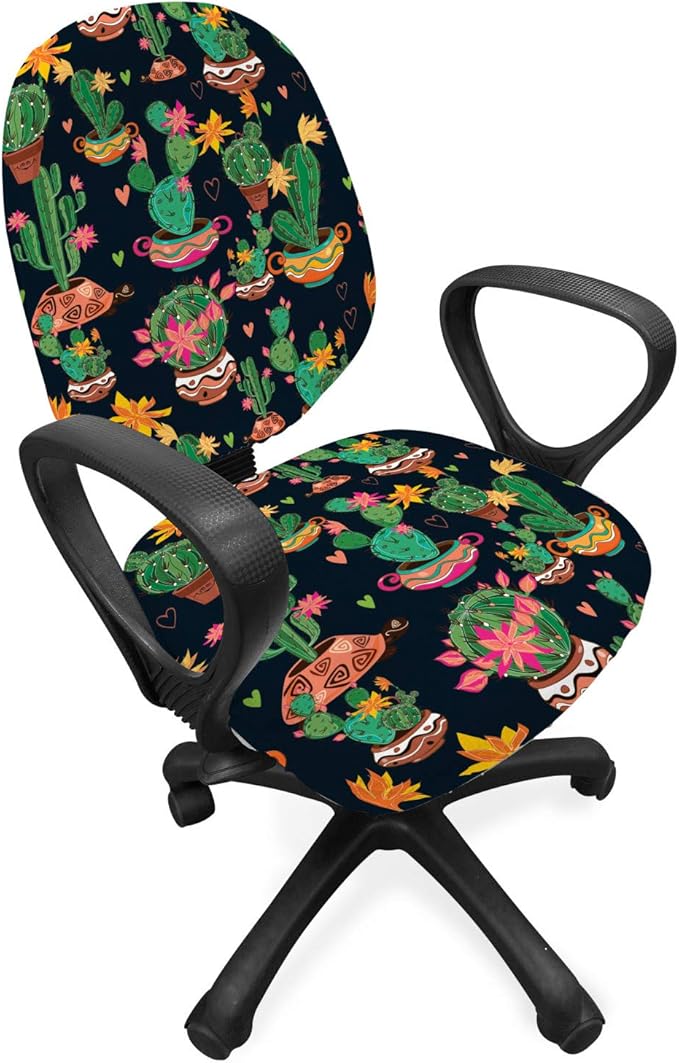 Ambesonne Cactus Print Office Chair Slipcover, Colorful Layout of Different Shapes of Cacti with Flowers, Protective Stretch Decorative Fabric Cover, Standard Size, Black Grey