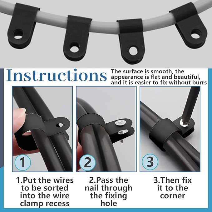 Glarks 120Pcs 5/16 Inch Black Nylon Screw Mounting R-Type Cable Clip Wire Clamp Kit with 120Pcs Screws for Wire, Conduit and Cable Conduit