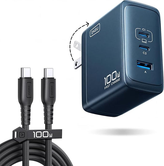 INIU USB C Charger Block, 100W GaN Fast Charging, 3-Port Compact Foldable Travel Charger with Type C Cable, Power Adapter for Mac Book Air Pro 15 14, iPhone 17 16 Pro Max Samsung S26 S24, Switch 2