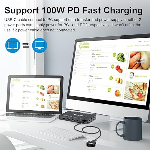 USB-C KVM Switch 2 Monitors 1 Computer, 2 Ports Type-C USB-C Switcher Support 4K@60Hz for 2 PC Share Keyboard Mouse and Monitor, Suppprt PD Fast Charging