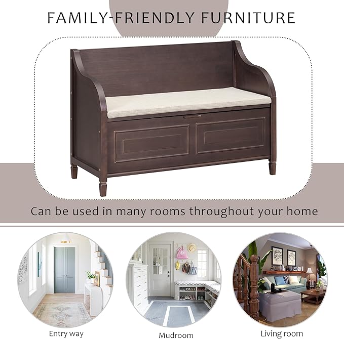SOFTSEA 41.9" Storage Bench with Back, Entryway Shoe Bench with Cushion & Lift Top Storage, Rustic Shoe Storage Cabinet with Cushioned Seat for Entryway, Bedroom, Living Room (Espresso)
