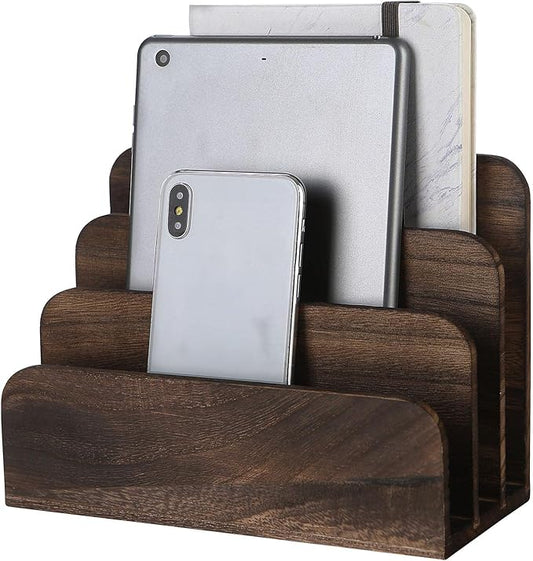 File Holder for Desk,Wood Paper Organizer,Rustic Desk Organizer,Mail Sorter for Desktop,Organizer for Counter,Letter Organizer for Document/Filing/Folders/Paper,Darkbrown