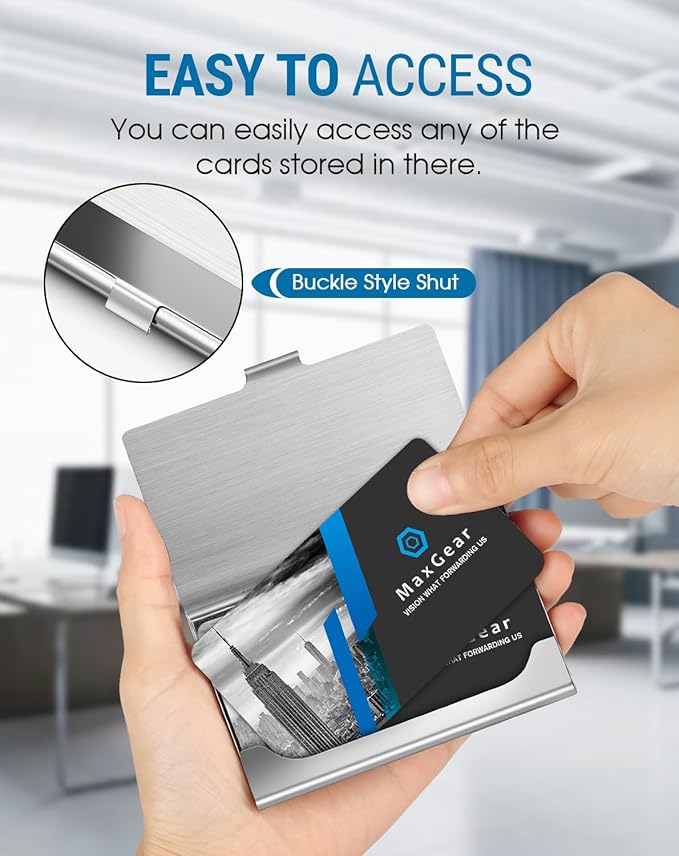 MaxGear Metal Business Card Holder for Men & Women, Stainless Steel Business Card Case Holds 10–20 Cards, Slim Pocket Name Cards Holder with Interior Lining & Buckle Closure, Silver Mirror