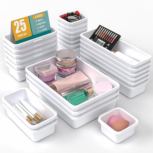 25 PCS Drawer Organizer Set, 4 Size Makeup Drawer Divider Organizer With Non-Slip Pads, Interlocking Plastic Storage Bins for Office,Jewelry Vanity,Gadgets, Bathroom,Kitchen, White