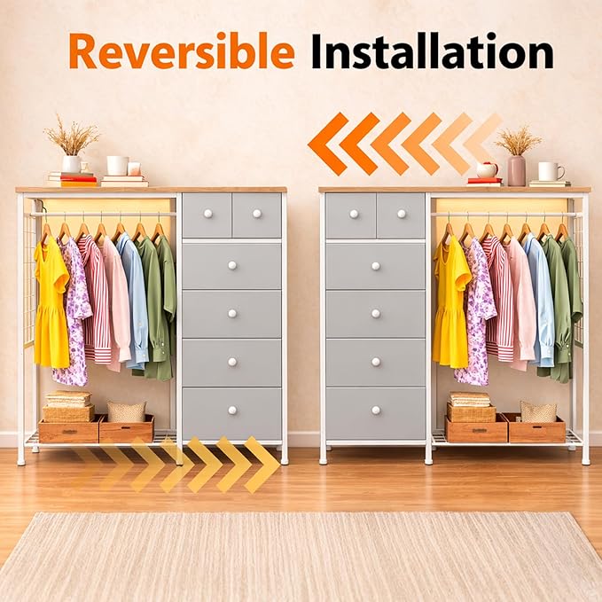 Simple Deluxe Storage Clothes Rack with 6 Drawers, Charging Station & LED Lights, Fabric Chest Shelves Clothing Rack, Wooden Portable Wardrobe Closet, 49.2" W x 15.7" D x 47.2" H, Silver