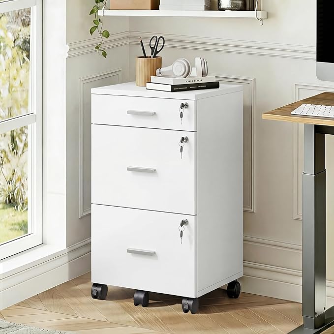 DEVAISE 3 Drawer File Cabinet with Lock & Wheels, Wood Printer Stand, Mobile Filing cabinets for Home Office, Fits Letter/A4 Size, White
