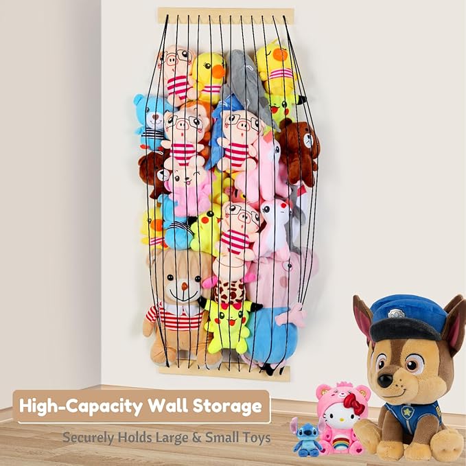 Stuffed Animal Storage Wood Soft Toy Organizer for Kids Room，Cute and Durable Wall or Door Mount Length Adjustable Hanging Stuffed Animal Toy Organizer Shelf for Nursery Play Room Black -Patent