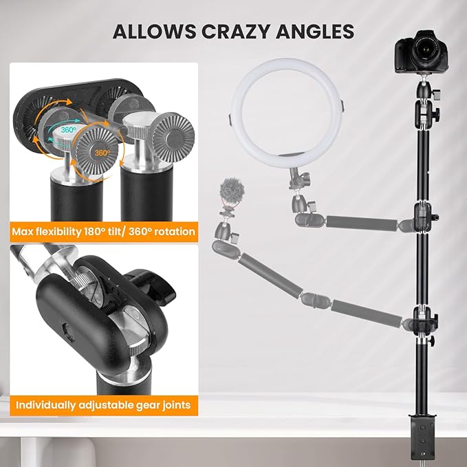 TARION Overhead Camera Desk Mount - 360° Flexible Articulating Arm with 3/8'' Screw and 1/4'' Screw Ballhead for DSLR SLR Mirrorless Cameras Projector Ring Light TKA01-M