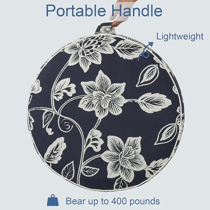 LVTXIII Indoor/Outdoor Extra Large Inflatable Ottoman Pouf D31 x H14 Inch, Round Footstool with Handle, Weather-Resistant Portable Furniture for Patio, Camping, Beach, Elegant Vines Navy