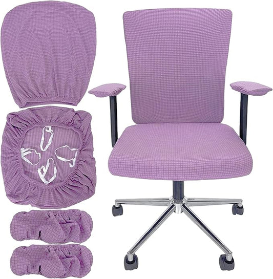 4Pcs Office Chair Covers Stretchable Set Desk Chair Cover Computer Chair Cover with 4 Non-Slip Elastic Straps Protective Armrest Slipcovers Pads Backrest Cushion for Rotating Chair (Purple)