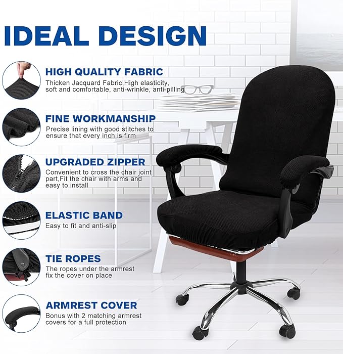 NeColorLife Stretchable Office Chair Cover with Armrest Covers - Zippered High Back Seat Cover for Extra Large Executive Desk Chairs,Big Tall Man (X-Large Size, Black)