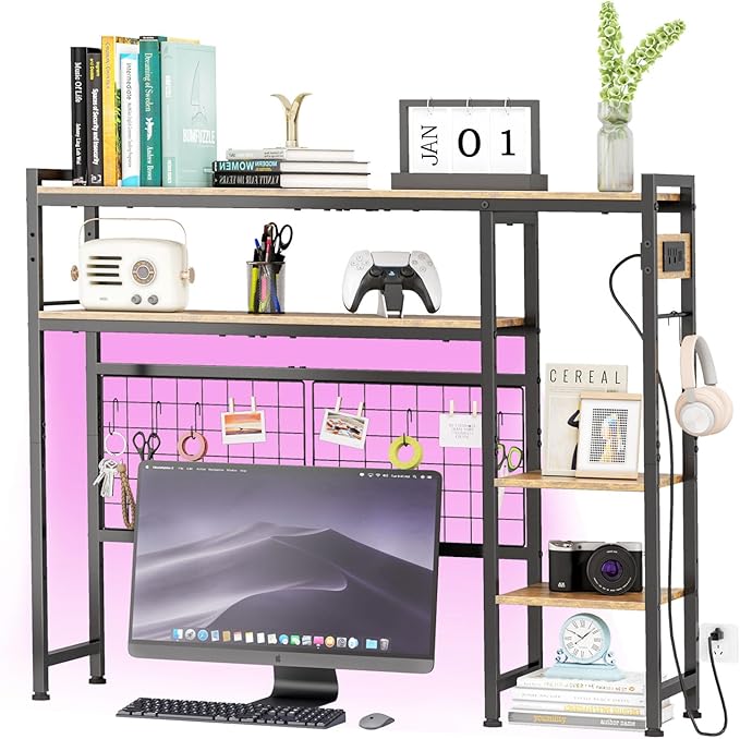Desk Shelf for Top of Desk, 41.3" Desktop Organizer Shelf with Grid Panel & LED Lights, Desk Hutch for Computer Monitor, Wood Desktop Bookshelf for Home Office Dorm, with Power Outlets