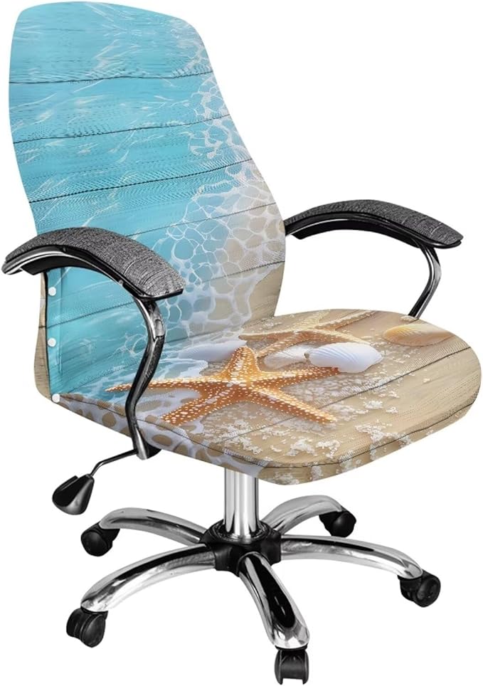 Talayituse Beach Starfish Seashell Wood Print Office Chair Covers, Stretch Computer Chair Cover, Universal Boss Chair Covers Modern Simplism Style High Back Chair Slipcover, Large