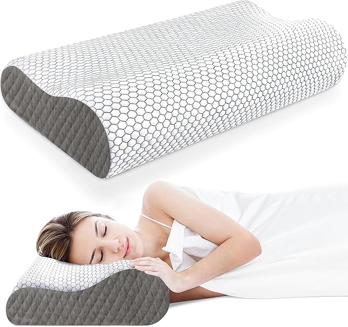 CloudBliss Memory Foam Pillow, Ergonomic Neck Contour Cervical Pillow for Back and Shoulder Pain, Orthopedic Pillow for Neck Pain Relief, for Sleeping Side, Back, Stomach Sleepers - Grey, Standard