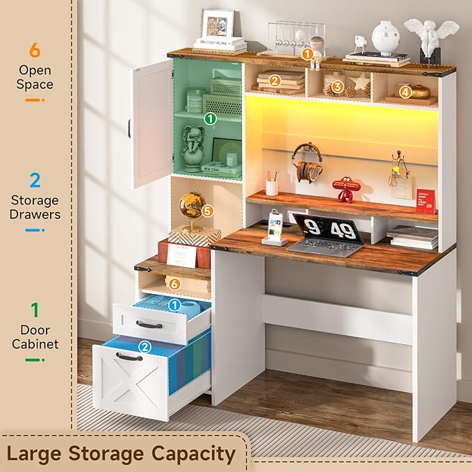 Vabches 51" Executive Desk Farmhouse Home Office Desk with Charging Station, LED Light, File Drawer, Storage Cabinet, Monitor Stand, Wood Computer Desk with Hutch for Work Study Writing (White)