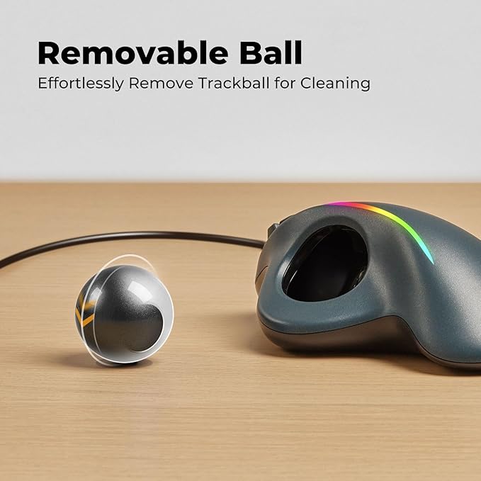 Wired Trackball Mouse with RGB Lighting, Ergonomic Thumb Control to Reduce Muscle Strain, 5 Adjustable DPI, Dual USB-C & USB-A Connectivity, Compatible with PC, Laptop, Mac, Windows (C-Black)