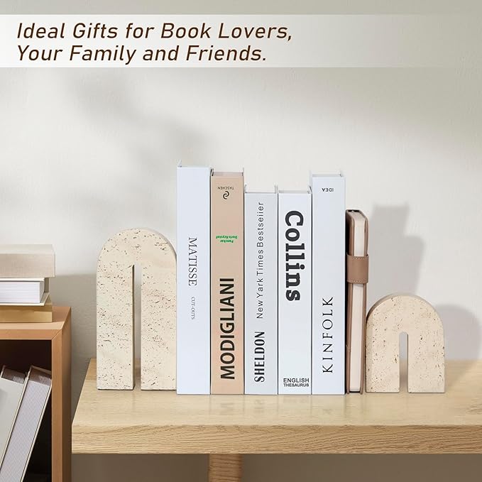 BOHDK Book Ends for Shelves, Resin Heavy Duty Decorative Bookends, Retro Arch Book Holder for Heavy Books, Imitation Travertine Book Stopper for Home Decor, Study, Bookshelf, Desktop, Set of Two