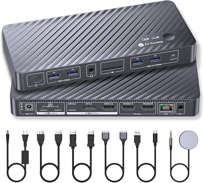 AV Access KVM Switch Docking Station for MacBook, USB C KVM Switch 2 Monitors 2 Computers, 4K Dual HDMI Displays, 1 Laptop&1 Desktop Switching, Plug&Play, Ethernet, 100W Power Delivery, EDID Emulation