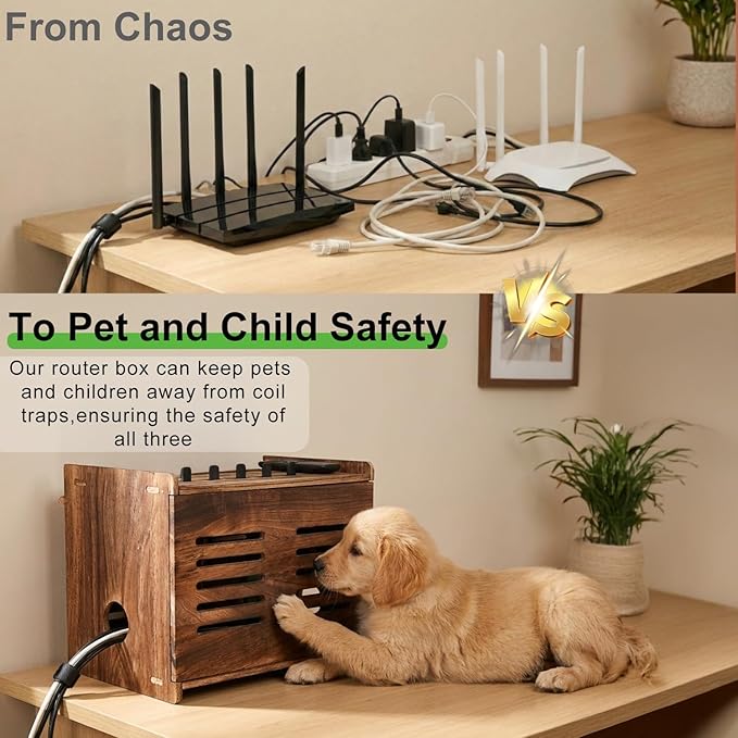Large Wooden Router Box Hider, Wifi Router Cable Storage Box, Decorative Modem Shelf Hider Cover for Home Power Strip Cable Organization Perforated Cooling Brown
