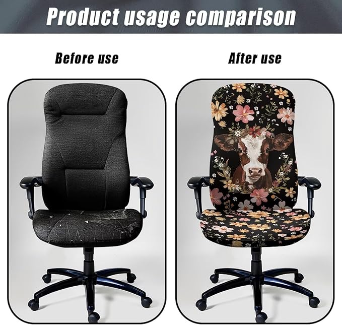 Talayituse Cow Flower Print Office Chair Cover Stretchable Desk Chair Cover Universal Rotating Computer Chair Cover Washable Office Chair Seat Cover Armchair Cover Slipcover for Desk Computer Chair, S
