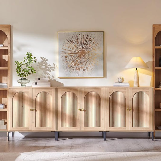 IFGET Modern Buffet Cabinet with Storage, 92.63" W Fluted Arched Sideboard Cabinet w/Adjustable Shelves, Wooden Modular Coffee Bar for Dining Room, Kitchen, Living Room, Entryway, Natural