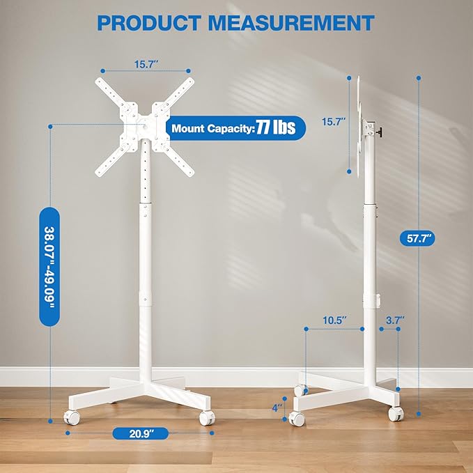 Mobile TV Cart, Floor TV Stand for 13-55 inch TVs with -10°/+15° Tilt Mount Holds up to 77 lbs, Height Adjustable Portable TV Stand for Flat/Curved Screens Max VESA 400x400mm, White
