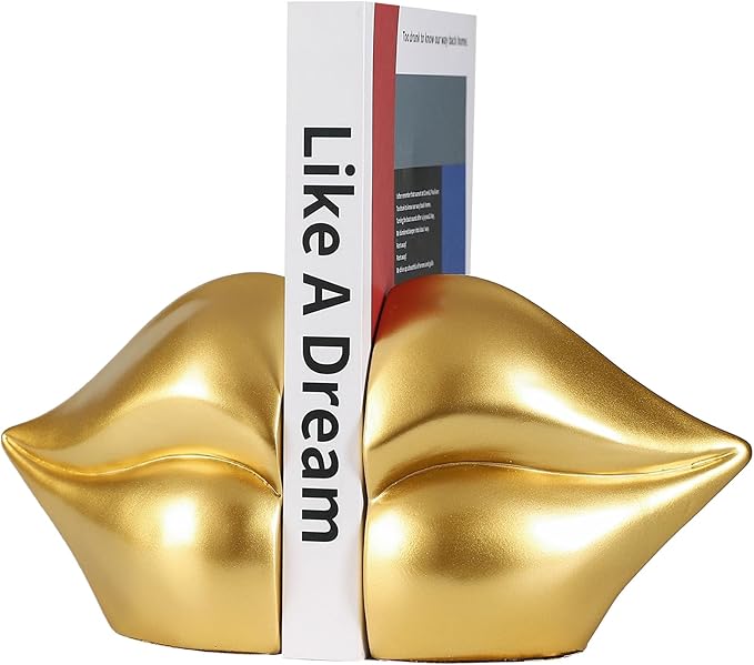Gold Lips Decorated Bookends，Set of 2 Heavy Decorative Book Stoppers，Unique Resin Decoration，Creative Desktop Gold Decor for Study Room Hotel Office Shelves
