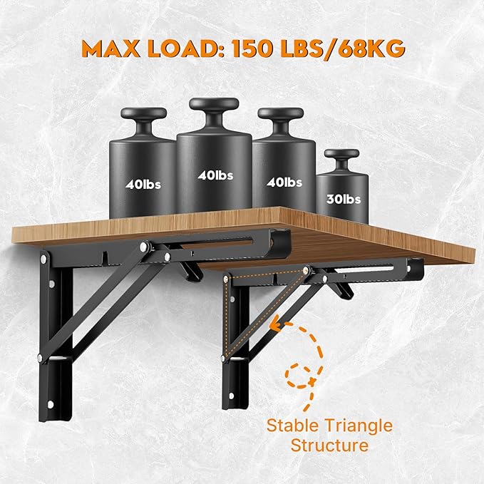 Folding Shelf Brackets 16 Inch - 4PCS Heavy Duty Metal Bracket Shelf, Wall Mounted Collapsible Bracket for Space Saving Bench Table Outdoor Smoker, Max Load: 150 lb