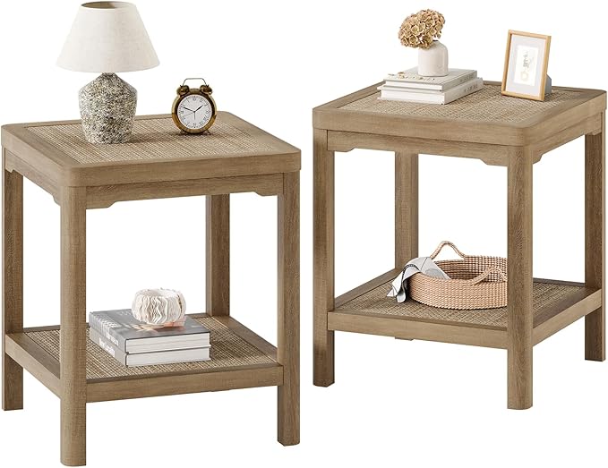 Eclatara End Table Set of 2, Farmhouse Square Nightstand with 2 Tier Boho Rattan Shelves, Protective Round Edge, Ultra-Thick Stable Legs Side Tables for Bedroom, Caramel Oak