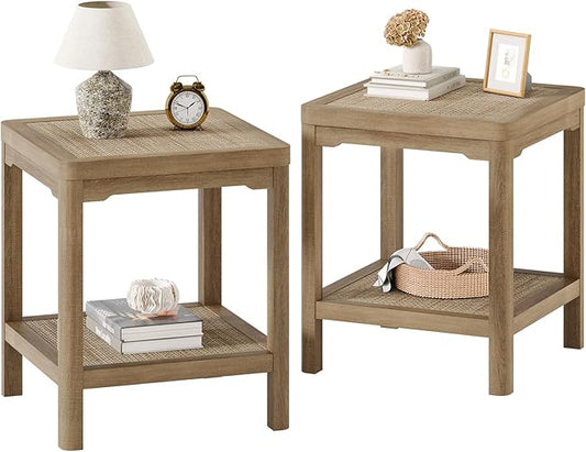 Eclatara End Table Set of 2, Farmhouse Square Nightstand with 2 Tier Boho Rattan Shelves, Protective Round Edge, Ultra-Thick Stable Legs Side Tables for Bedroom, Caramel Oak