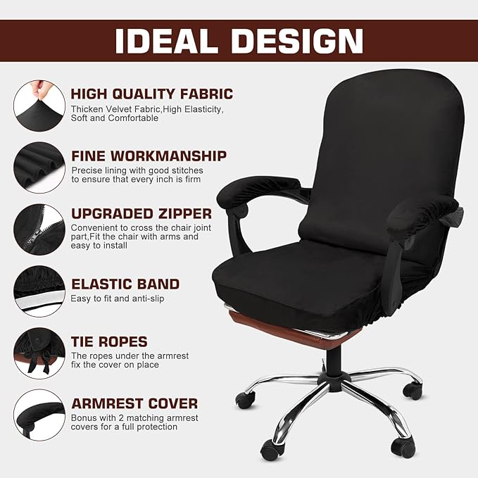 NeColorLife Velvet Office Chair Cover with Armrest Covers - Stretchable High Back Desk Computer Chair Slipcover for Large Rotating Boss Chairs (Large,Black)