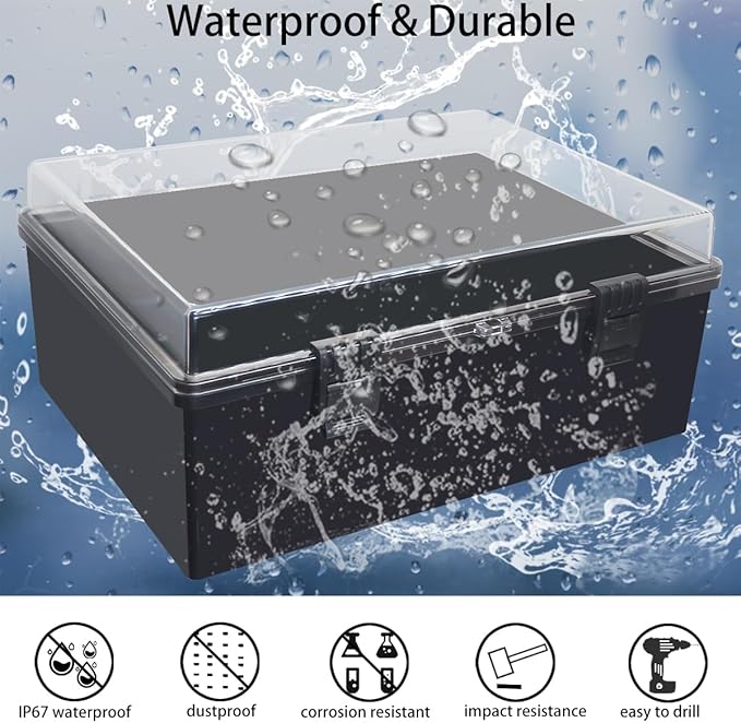 Junction Box, Hinged Black Clear Cover IP67 Waterproof ABS Project Box with Mounting Plate Electrical Box Enclosure with Wall Bracket 15.7 x 11.8 x 6.7inch(400x300x170mm)
