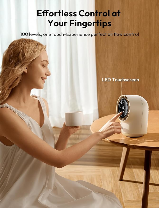 Aecooly Touch Control Desk Fan, 100 Speeds Quiet Bedroom Digital Display 8000mAh 3 Oscillation Angles Battery Powered Small Desktop Table Fan for Bedroom, Bedside, Office, Travel -Beige